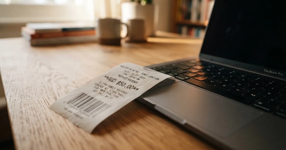 A printed prepaid voucher receipt lying beside a laptop keyboard.