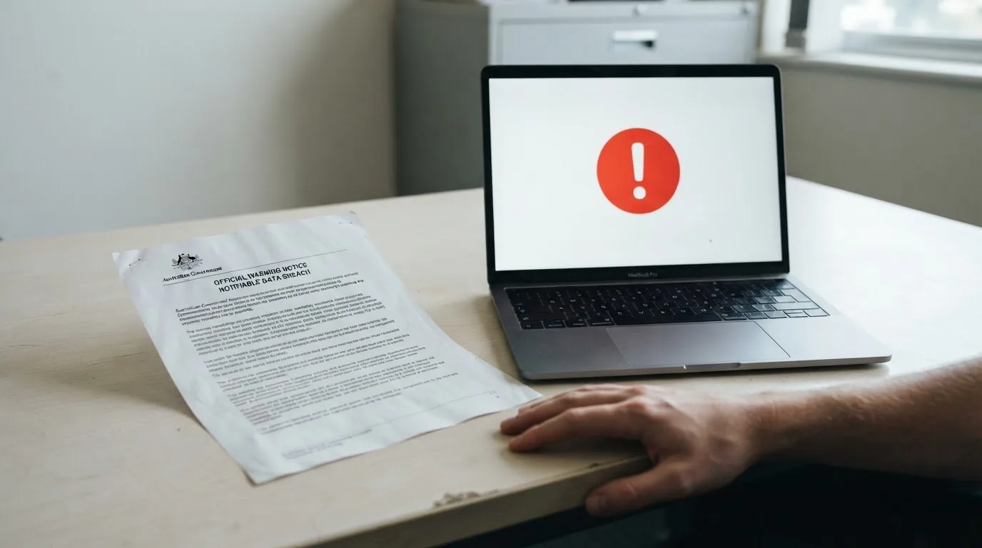 A printed government warning notice on a desk beside a laptop with a red alert icon on the screen.