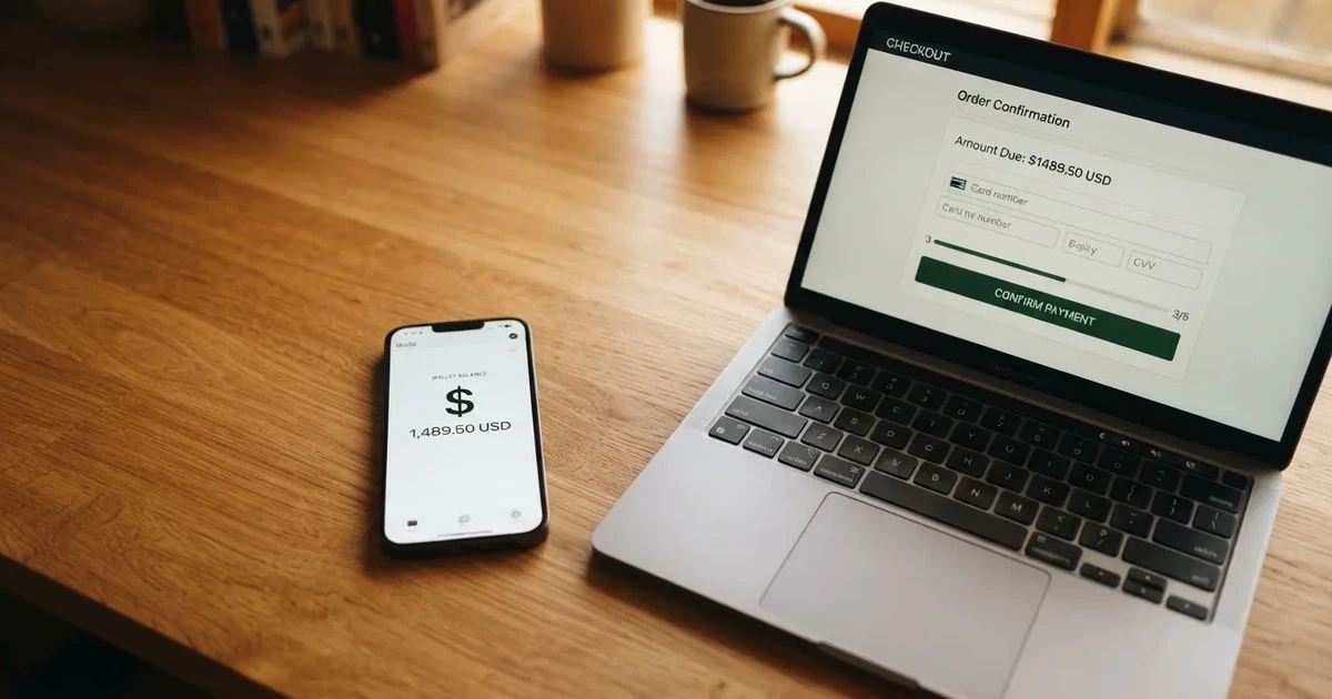 A smartphone screen showing a digital wallet balance next to a laptop cashier page.