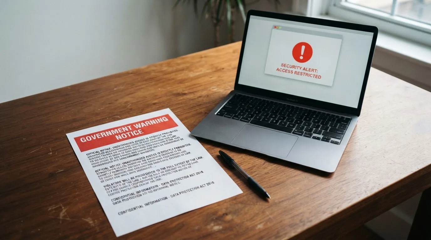 A printed government warning notice on a desk beside a laptop with a red alert icon on the screen.