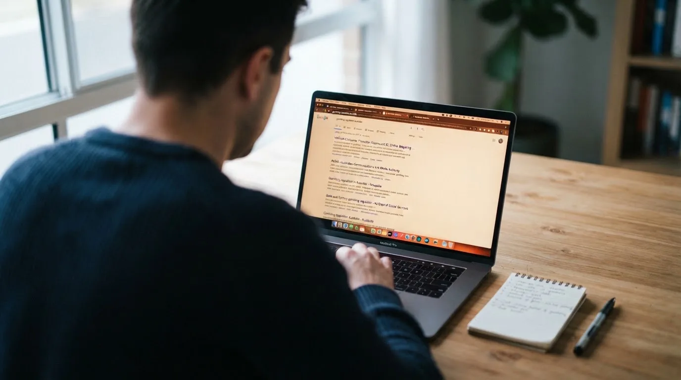 A laptop screen split between two browser tabs, one showing a comparison table and the other a search results page.
