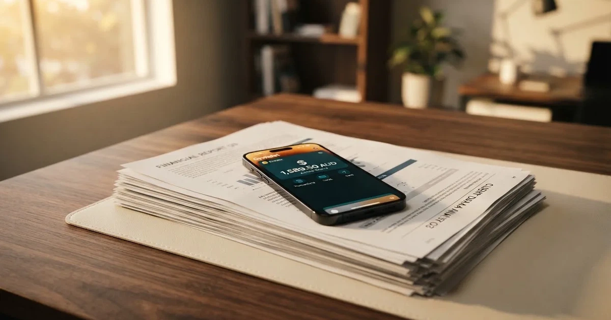A phone showing a digital wallet balance screen resting on a stack of paperwork.