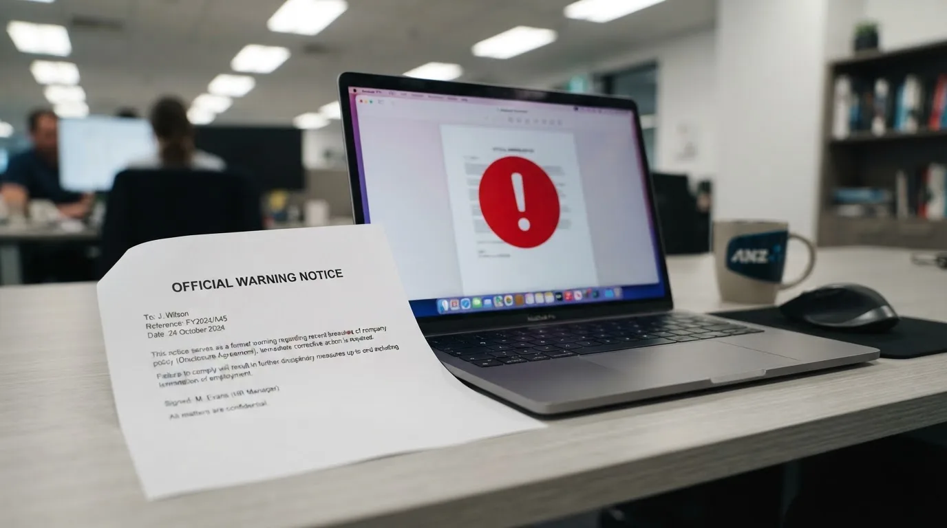 A printed government warning notice on a desk beside a laptop with a red alert icon on the screen.