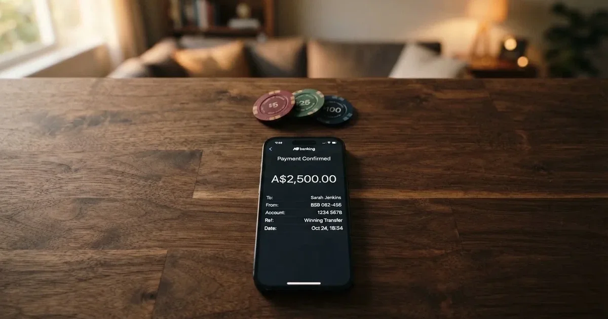 A phone displaying a bank transfer confirmation screen next to a stack of Australian dollar notes.