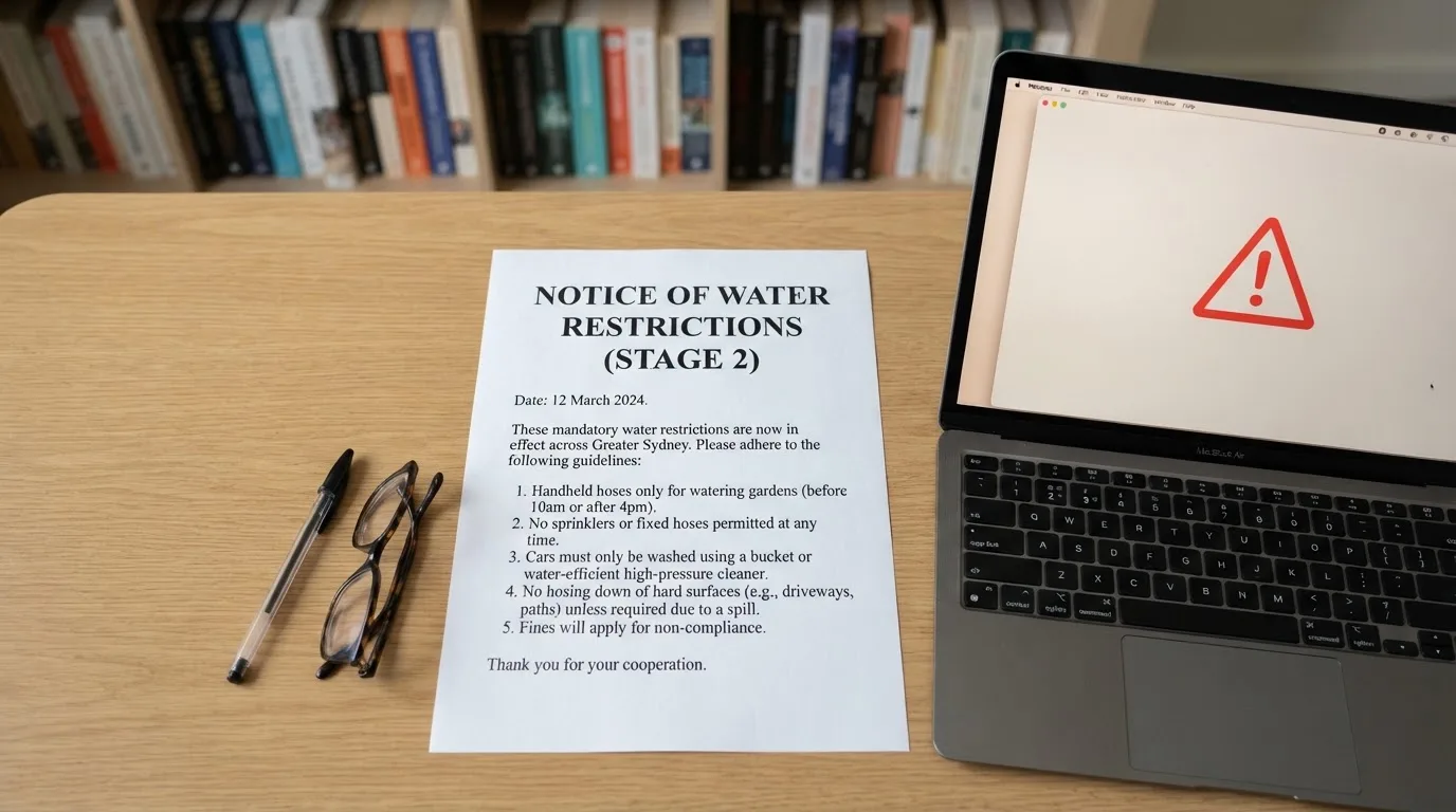 A printed government warning notice on a desk beside a laptop with a red alert icon on the screen.