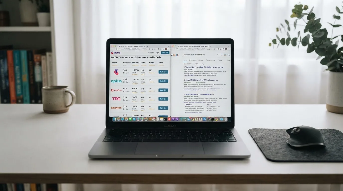 A laptop screen split between two browser tabs, one showing a comparison table and the other a search results page.