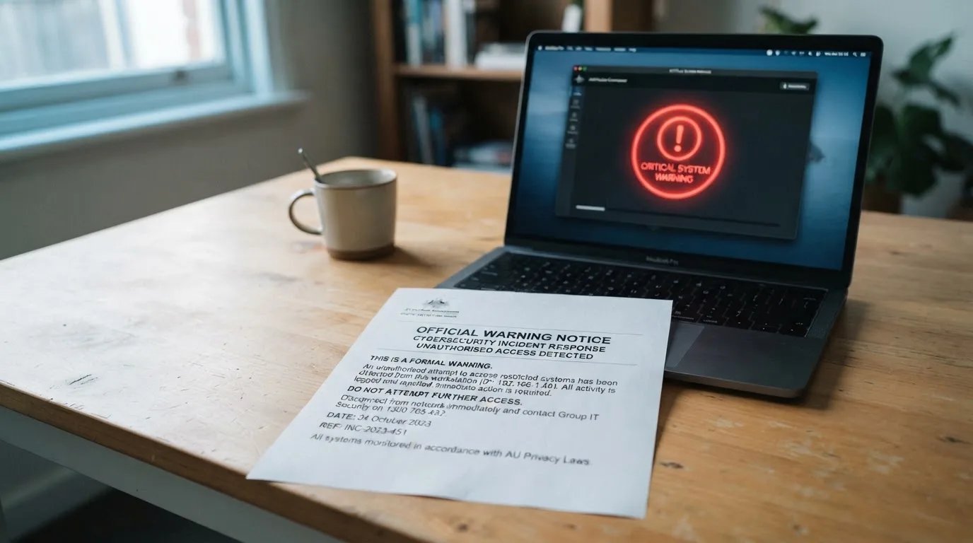 A printed government warning notice on a desk beside a laptop with a red alert icon on the screen.