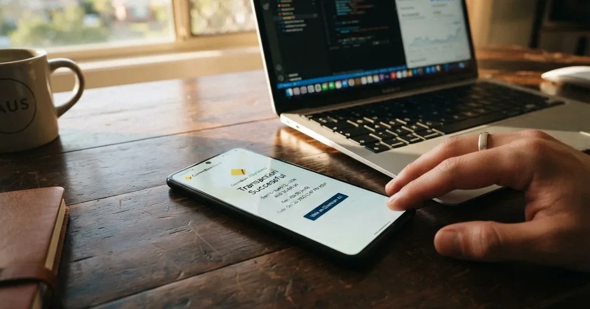 A phone displaying a blockchain transaction confirmation screen next to a laptop keyboard.