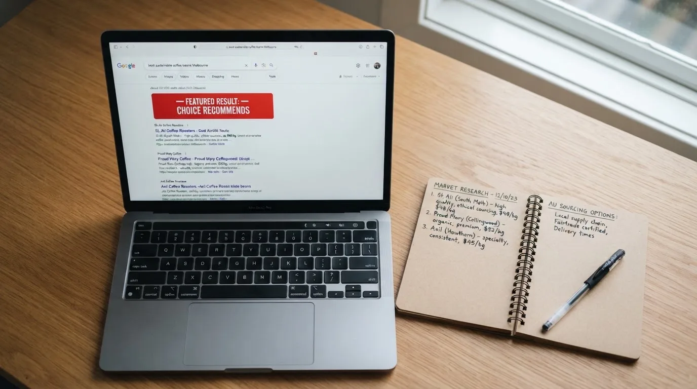 A laptop screen split between two browser tabs, one showing a comparison table and the other a search results page.