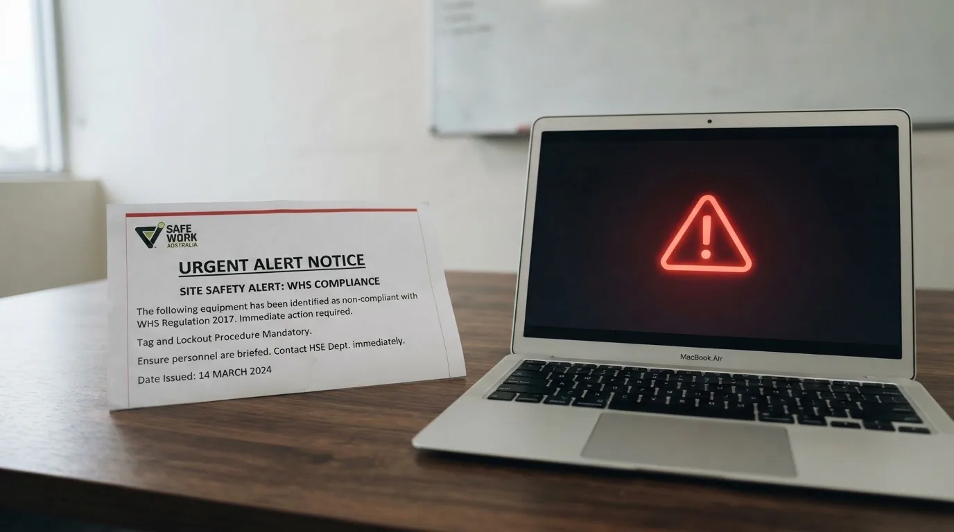 A printed government warning notice on a desk beside a laptop with a red alert icon on the screen.