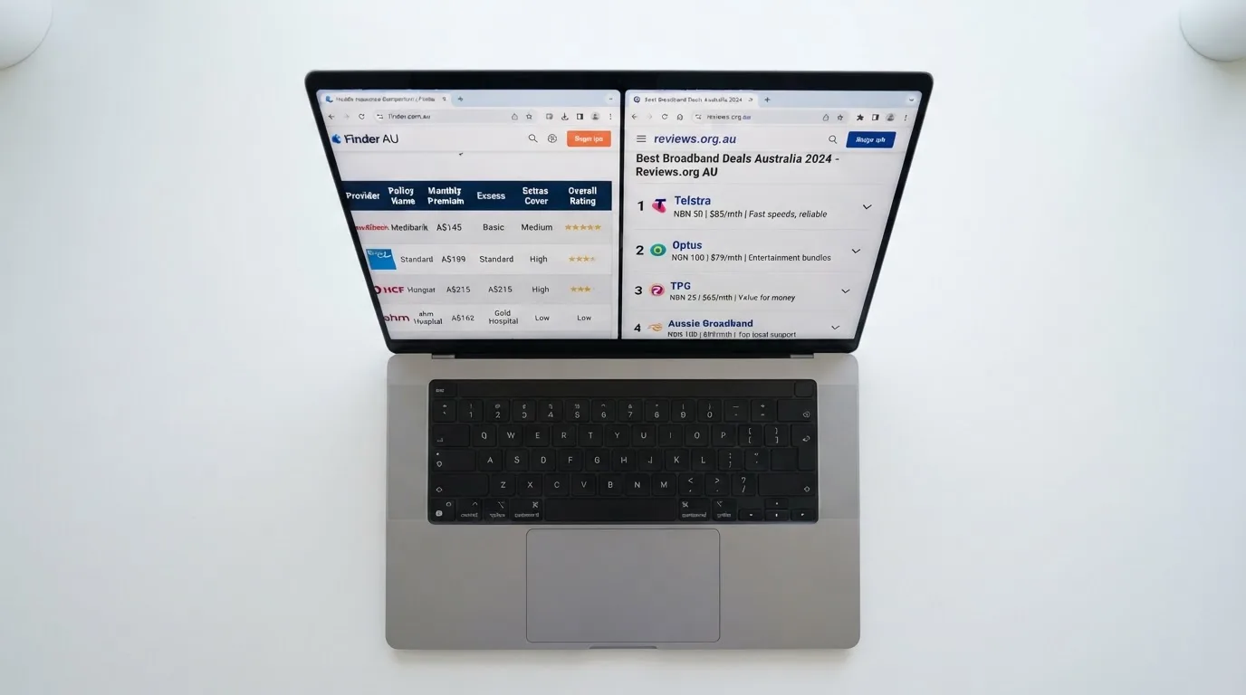 A laptop screen split between two browser tabs, one showing a comparison table and the other a search results page.