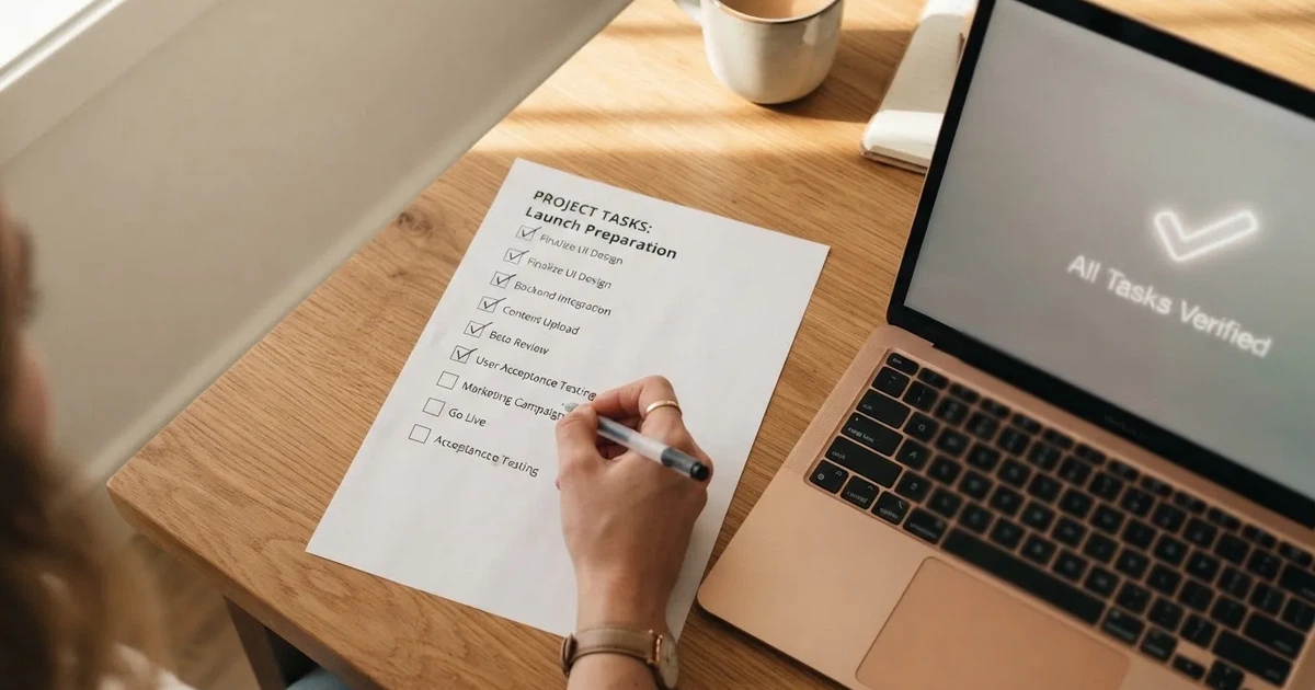 A hand ticking off boxes on a printed checklist next to a laptop.