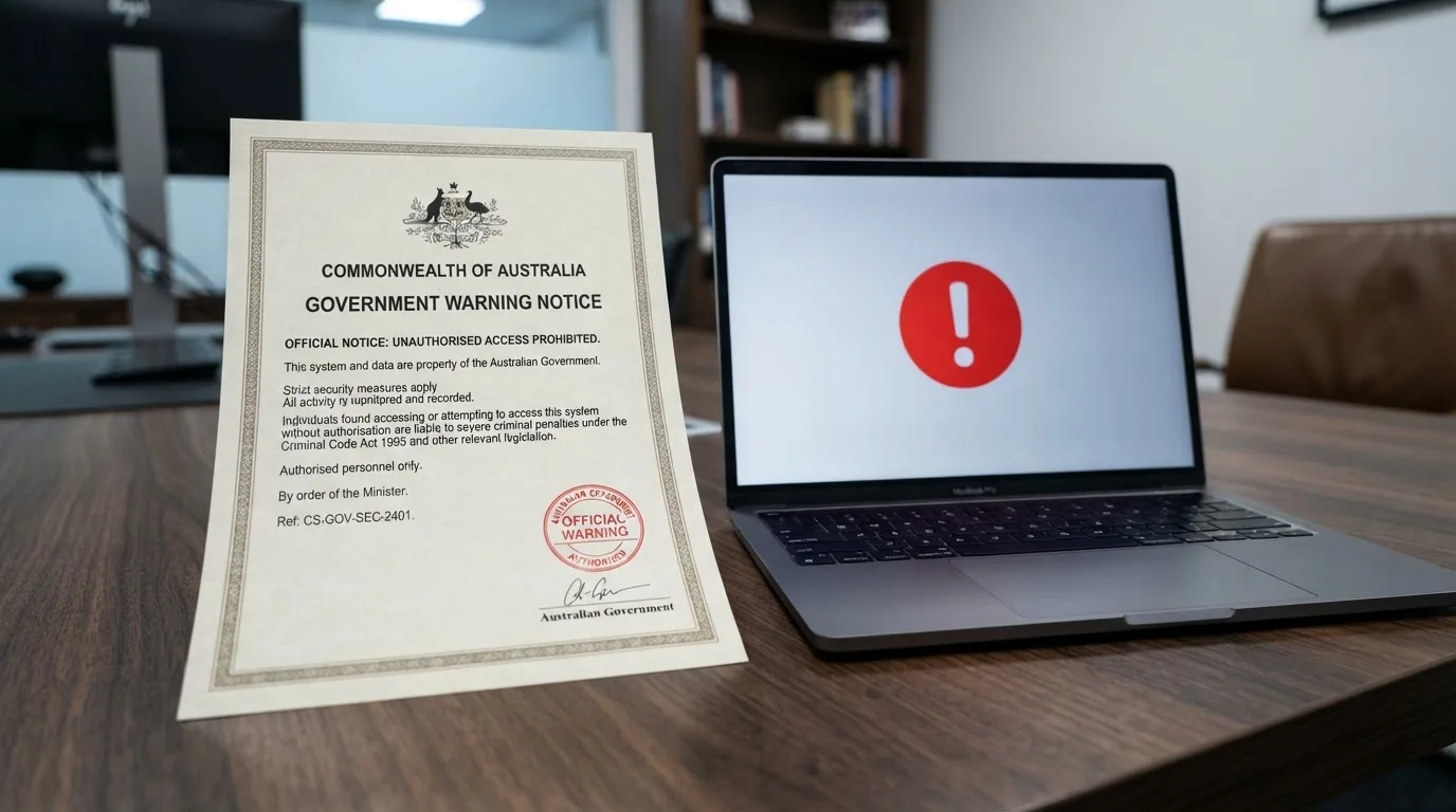 A printed government warning notice on a desk beside a laptop with a red alert icon on the screen.
