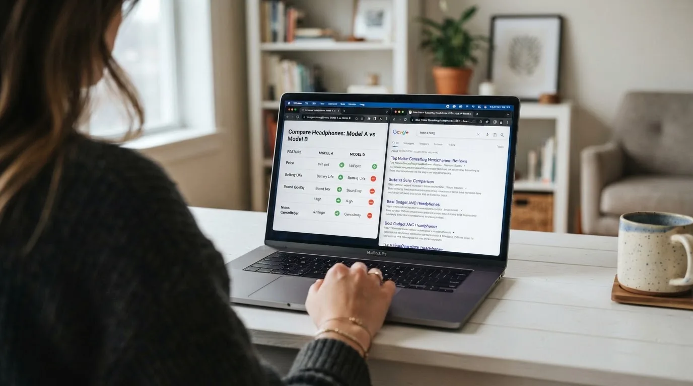 A laptop screen split between two browser tabs, one showing a comparison table and the other a search results page.