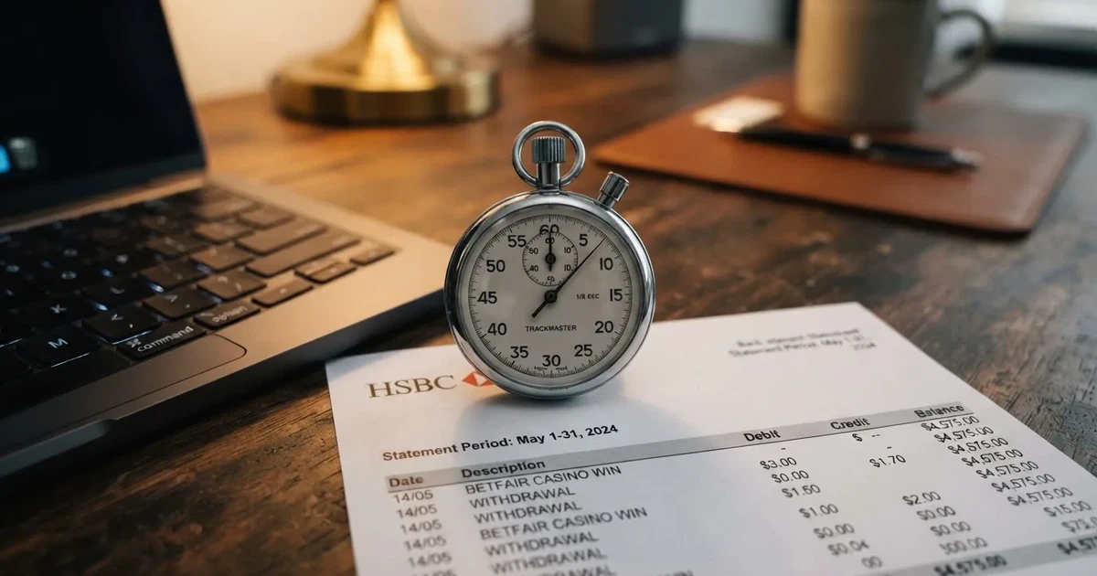 A stopwatch sitting on top of a bank statement next to a laptop keyboard.