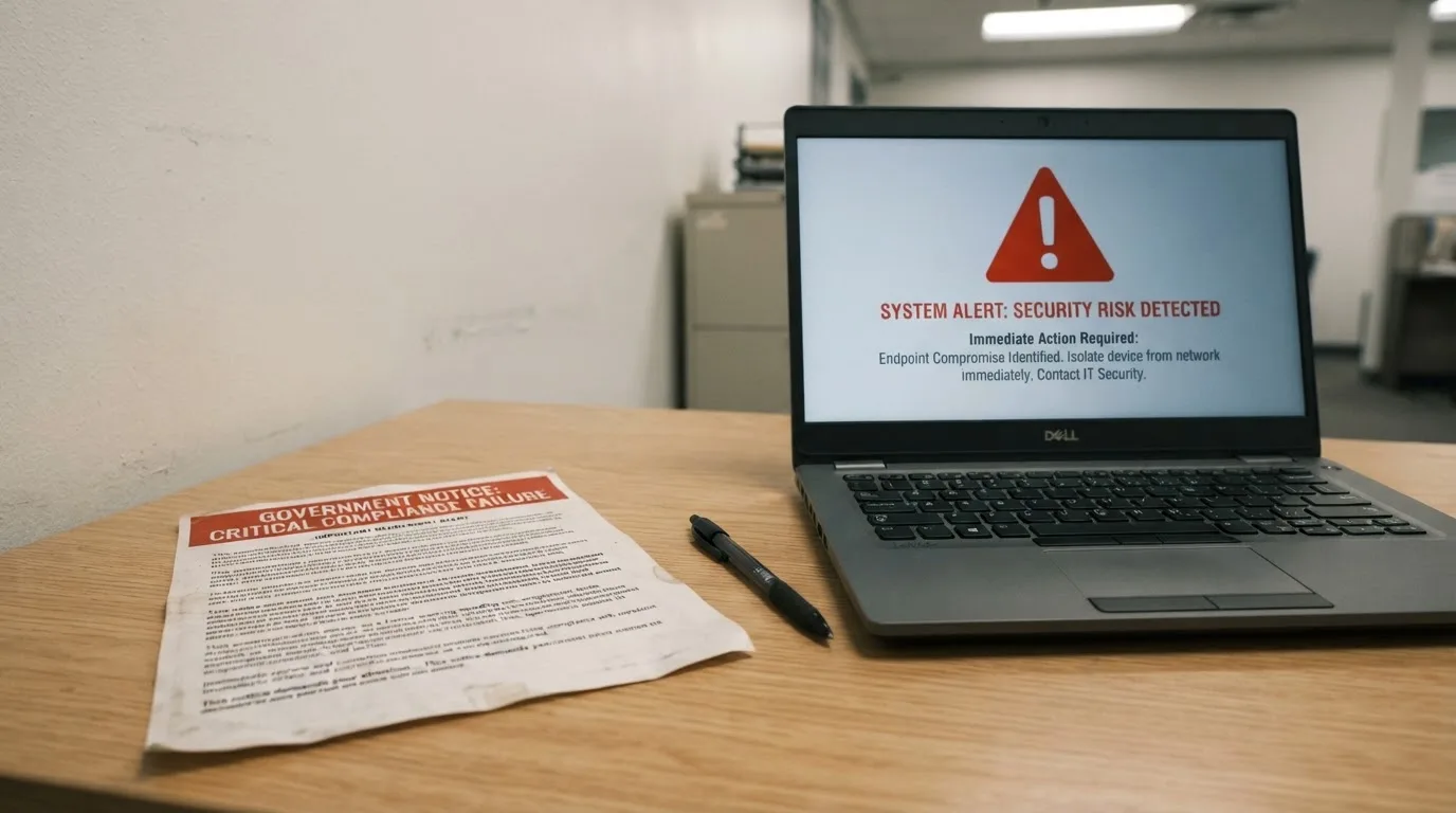 A printed government warning notice on a desk beside a laptop with a red alert icon on the screen.