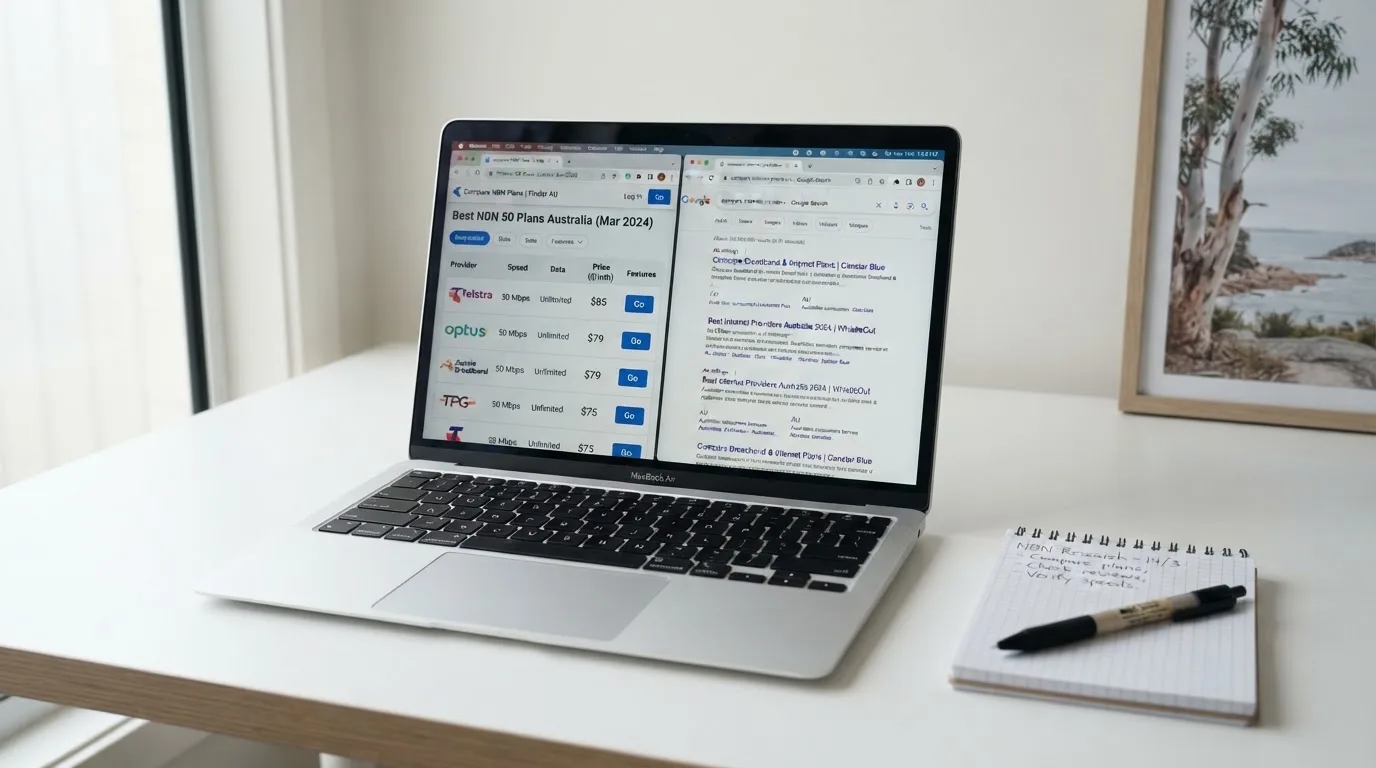 A laptop screen split between two browser tabs, one showing a comparison table and the other a search results page.