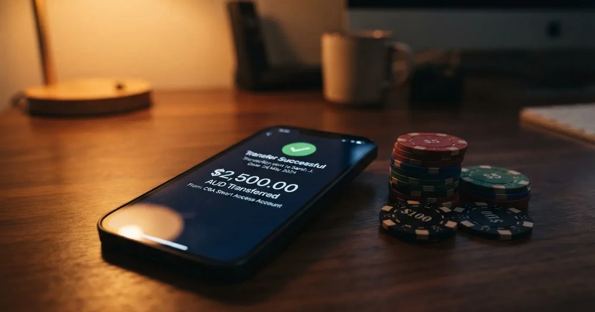 A phone displaying a bank transfer confirmation screen next to a stack of Australian dollar notes.