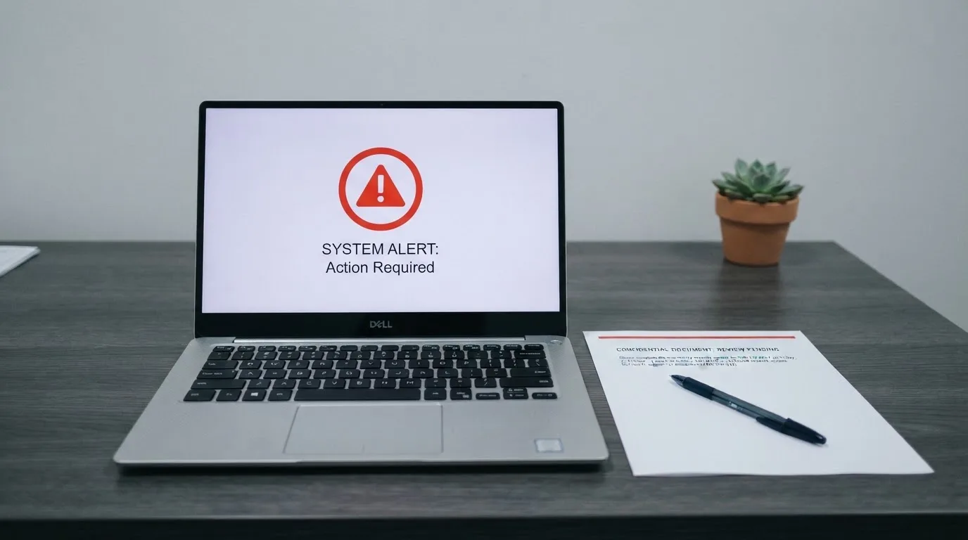 A printed government warning notice on a desk beside a laptop with a red alert icon on the screen.