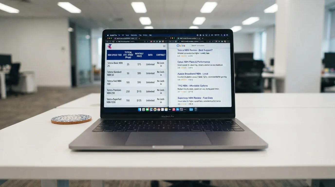 A laptop screen split between two browser tabs, one showing a comparison table and the other a search results page.