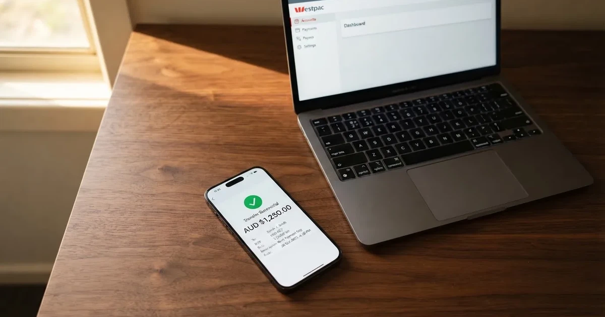 A phone showing a PayID-style bank transfer confirmation next to a laptop.
