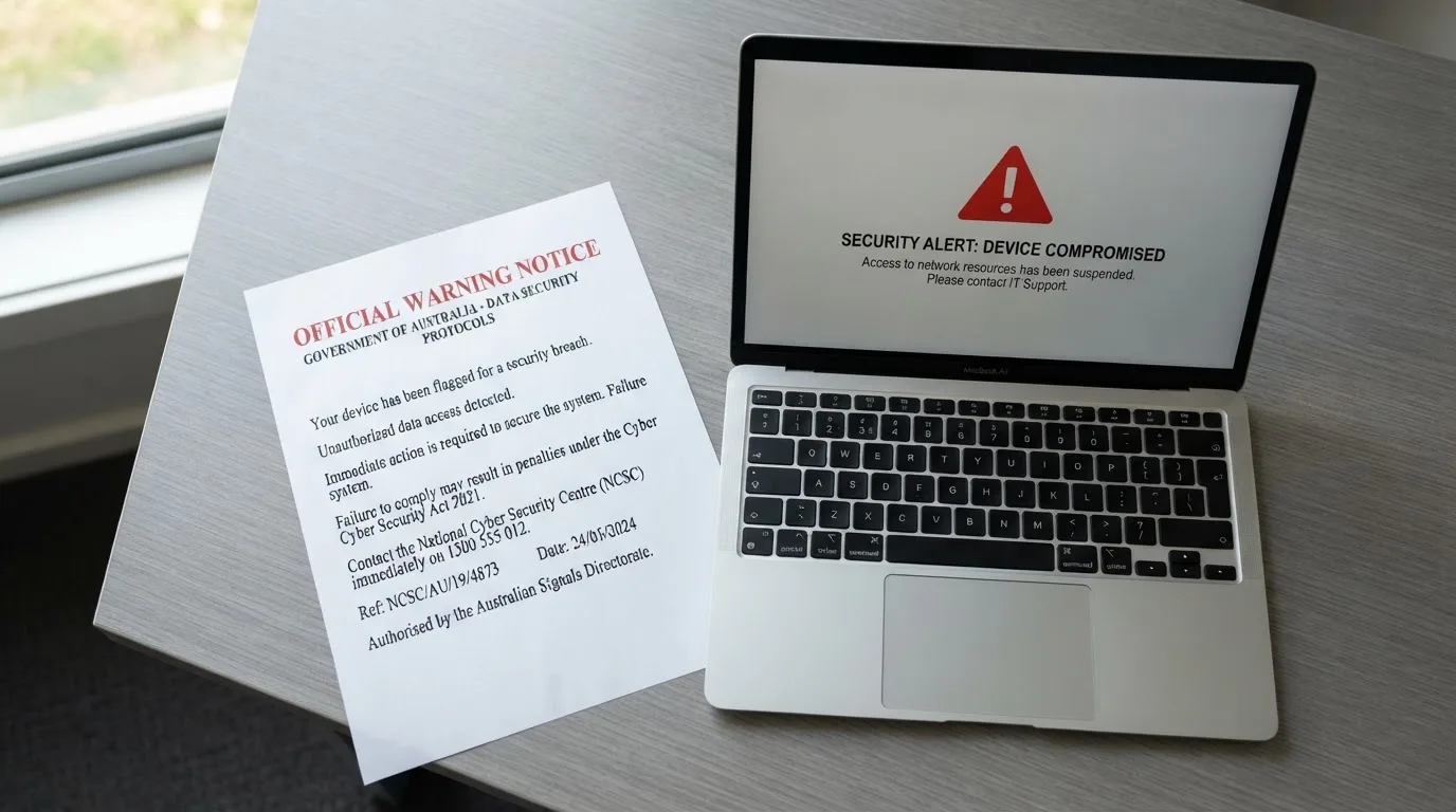 A printed government warning notice on a desk beside a laptop with a red alert icon on the screen.