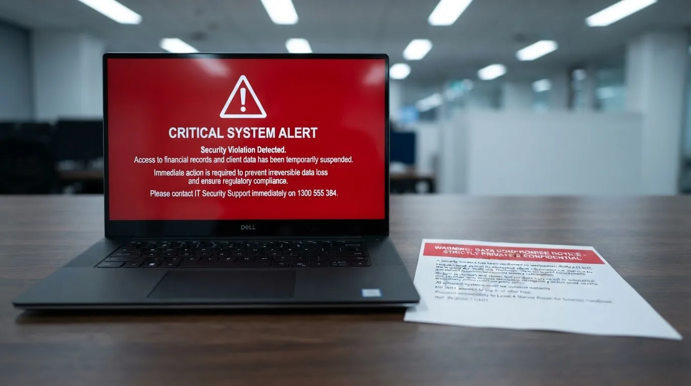 A printed government warning notice on a desk beside a laptop with a red alert icon on the screen.
