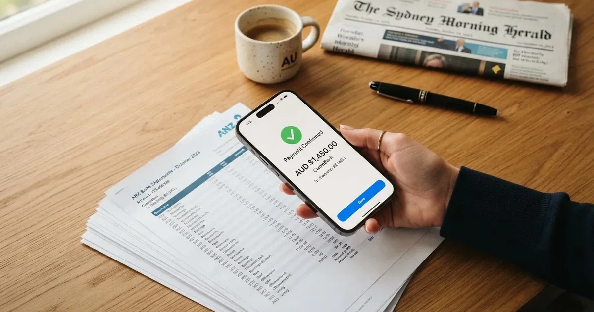 A hand holding a phone showing a cleared balance next to a stack of printed bank statements.