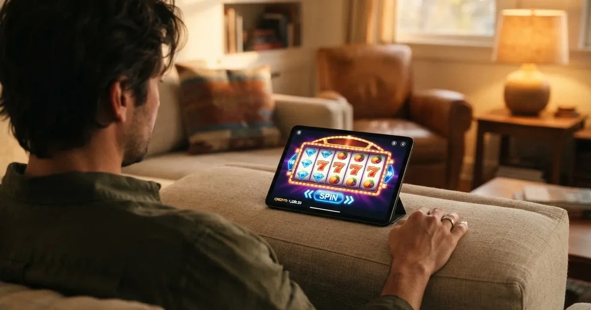A hand holding a tablet with a touchscreen keypad displayed, resting on a couch armrest.