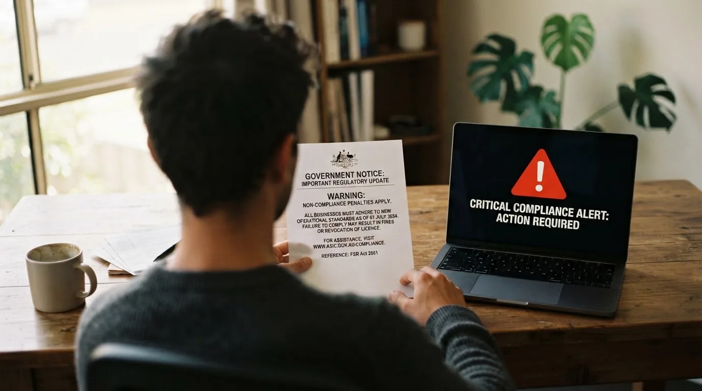 A printed government warning notice on a desk beside a laptop with a red alert icon on the screen.