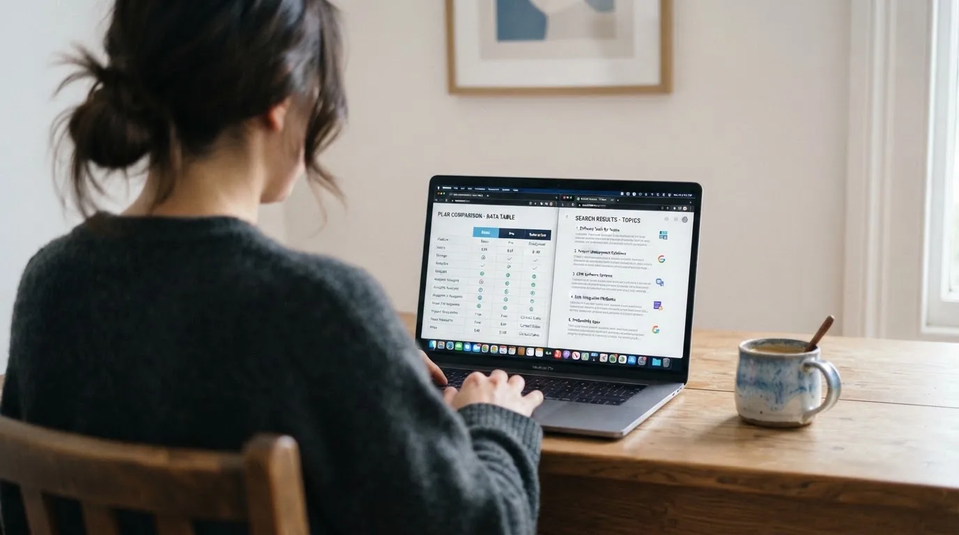 A laptop screen split between two browser tabs, one showing a comparison table and the other a search results page.