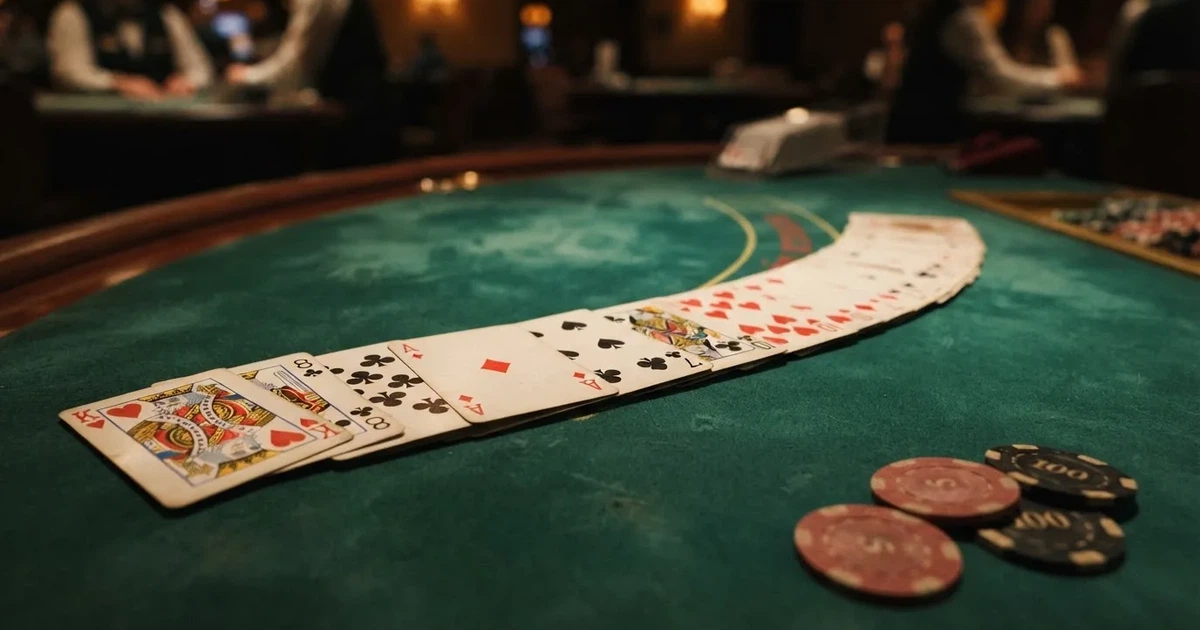 A close-up of a shuffled deck of playing cards fanned out on a green felt table.