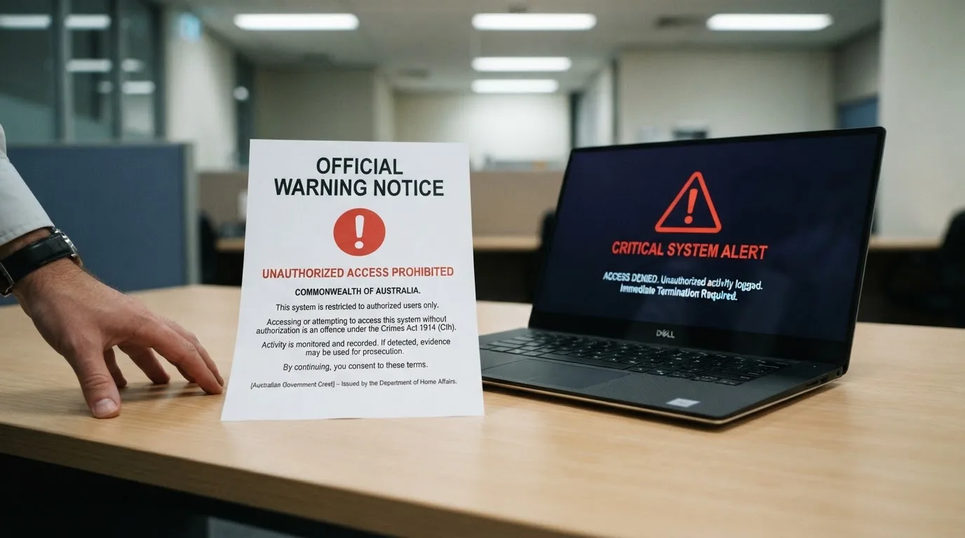 A printed government warning notice on a desk beside a laptop with a red alert icon on the screen.