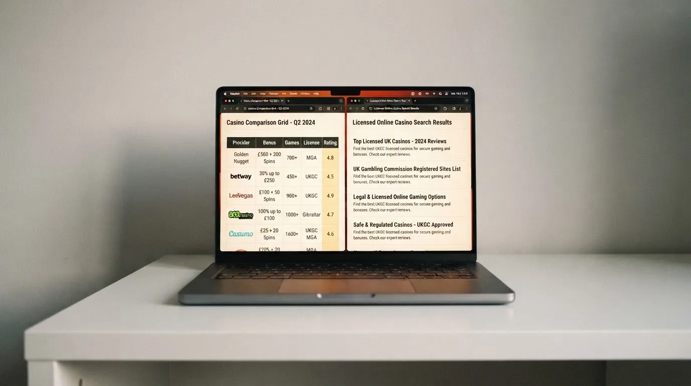 A laptop screen split between two browser tabs, one showing a comparison table and the other a search results page.