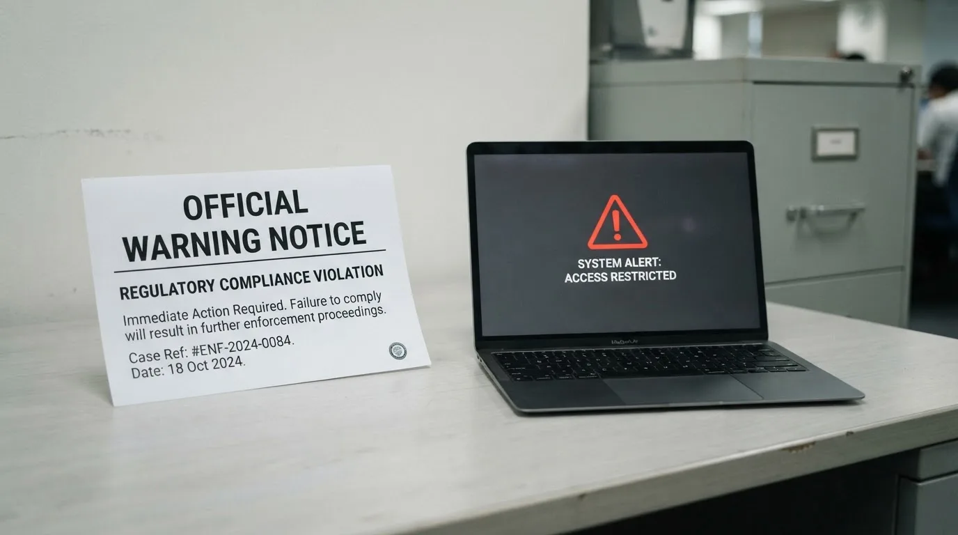 A printed government warning notice on a desk beside a laptop with a red alert icon on the screen.