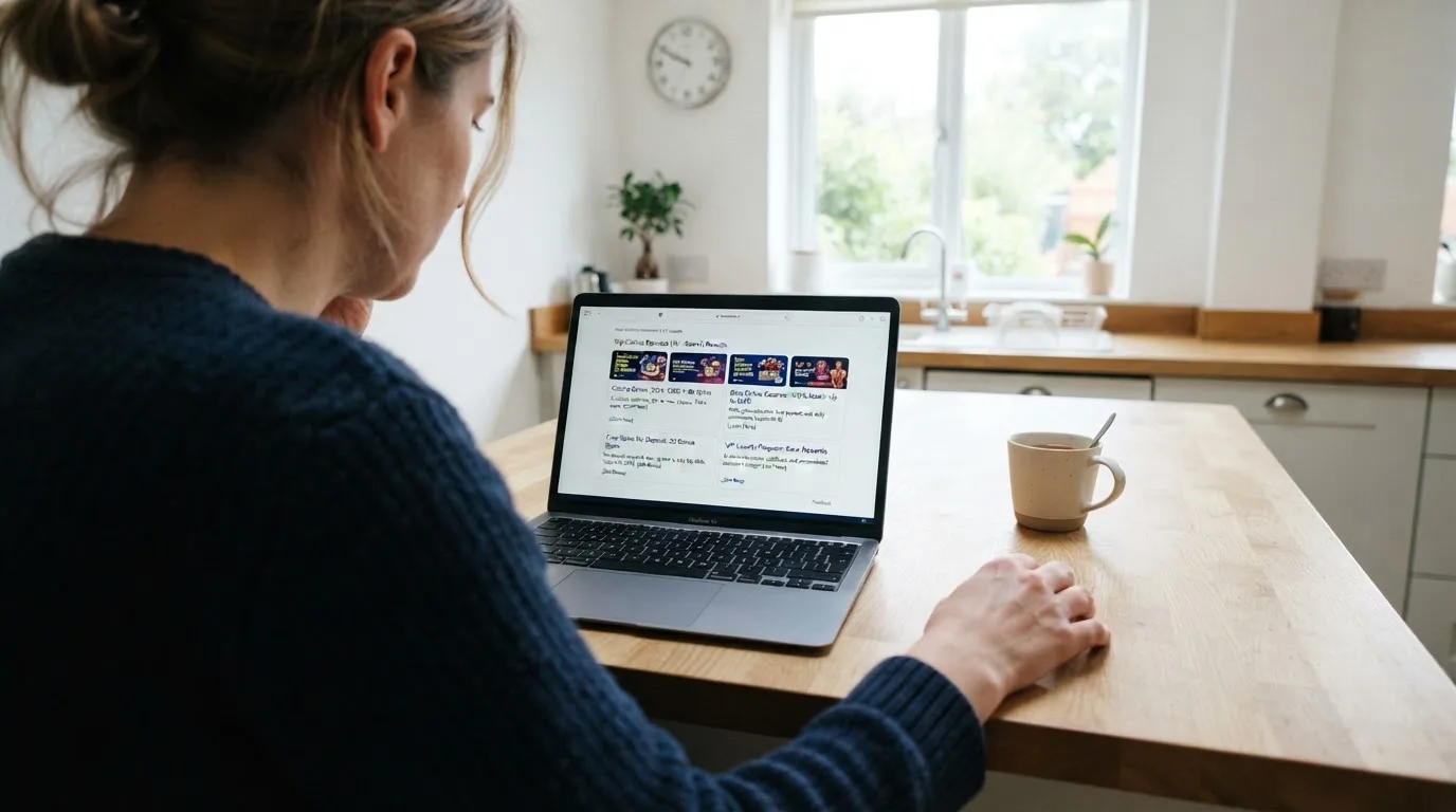 A person sits at a kitchen table, scrolling a laptop showing a general search results page about casino bonus offers.