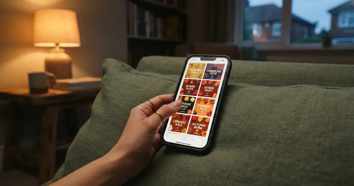 A phone screen shows a list of promotional bonus tiles as someone scrolls with one thumb on a couch in the evening.