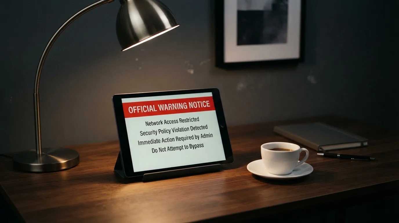 A tablet on a desk displays a plain government-style warning notice page, with a coffee cup beside it.