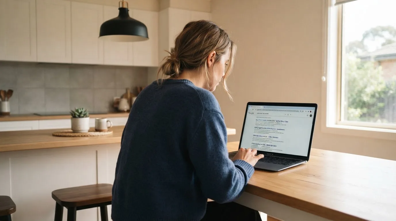 A person sits at a kitchen table, scrolling a laptop showing a general search results page about new casino sites.