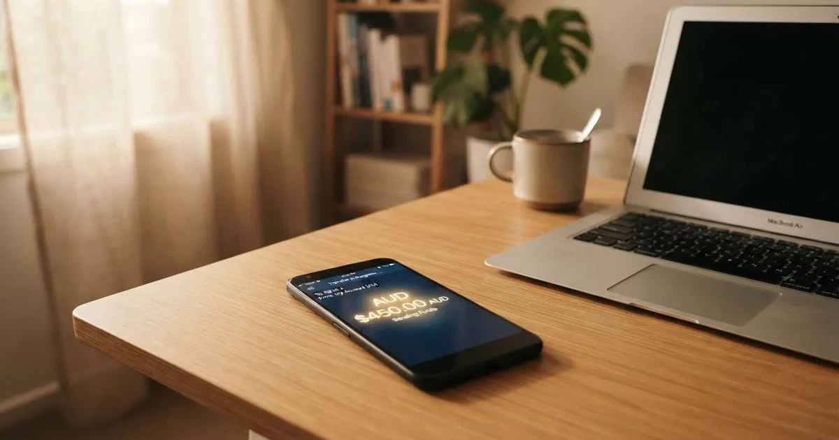 Close-up of a smartphone banking app open beside a laptop on a home desk, mid-transfer.