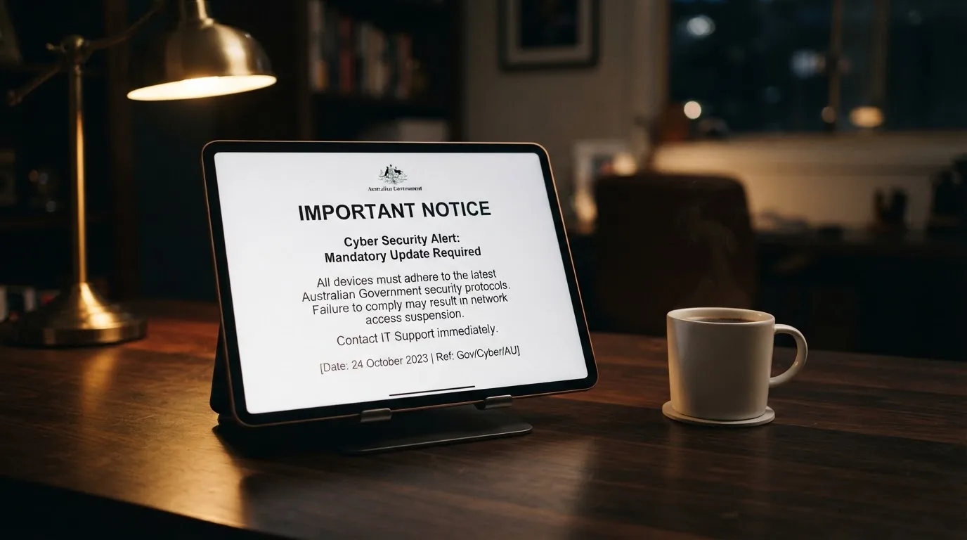 A tablet on a desk displays a plain government-style warning notice page, with a coffee cup beside it.