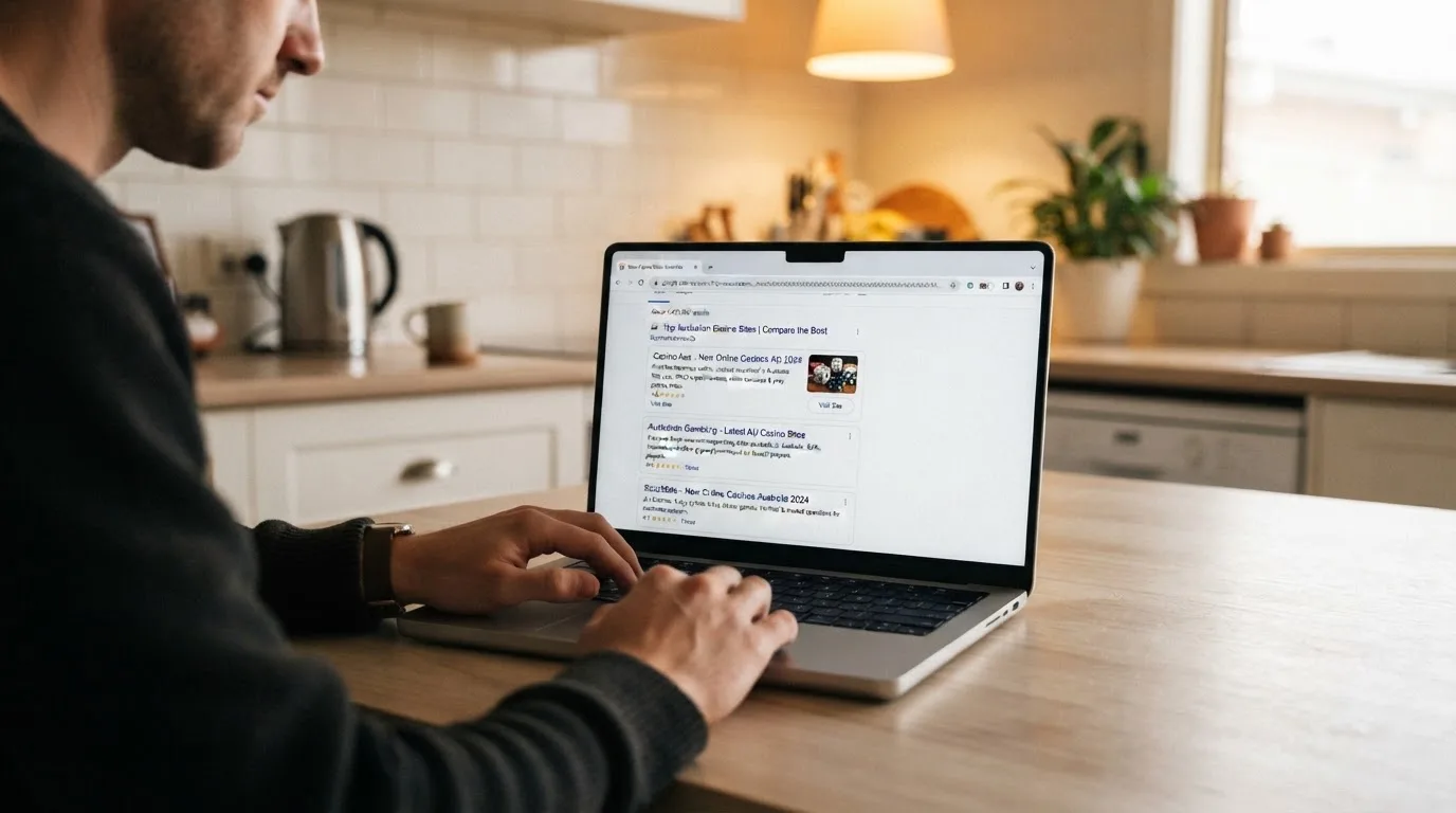 A person sits at a kitchen table, scrolling a laptop showing a general search results page about new casino sites.
