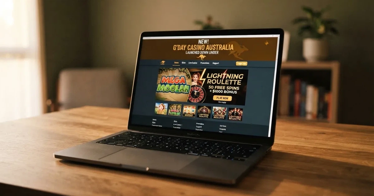 A laptop screen shows a freshly loading website homepage with a 'new' banner, on a plain desk.