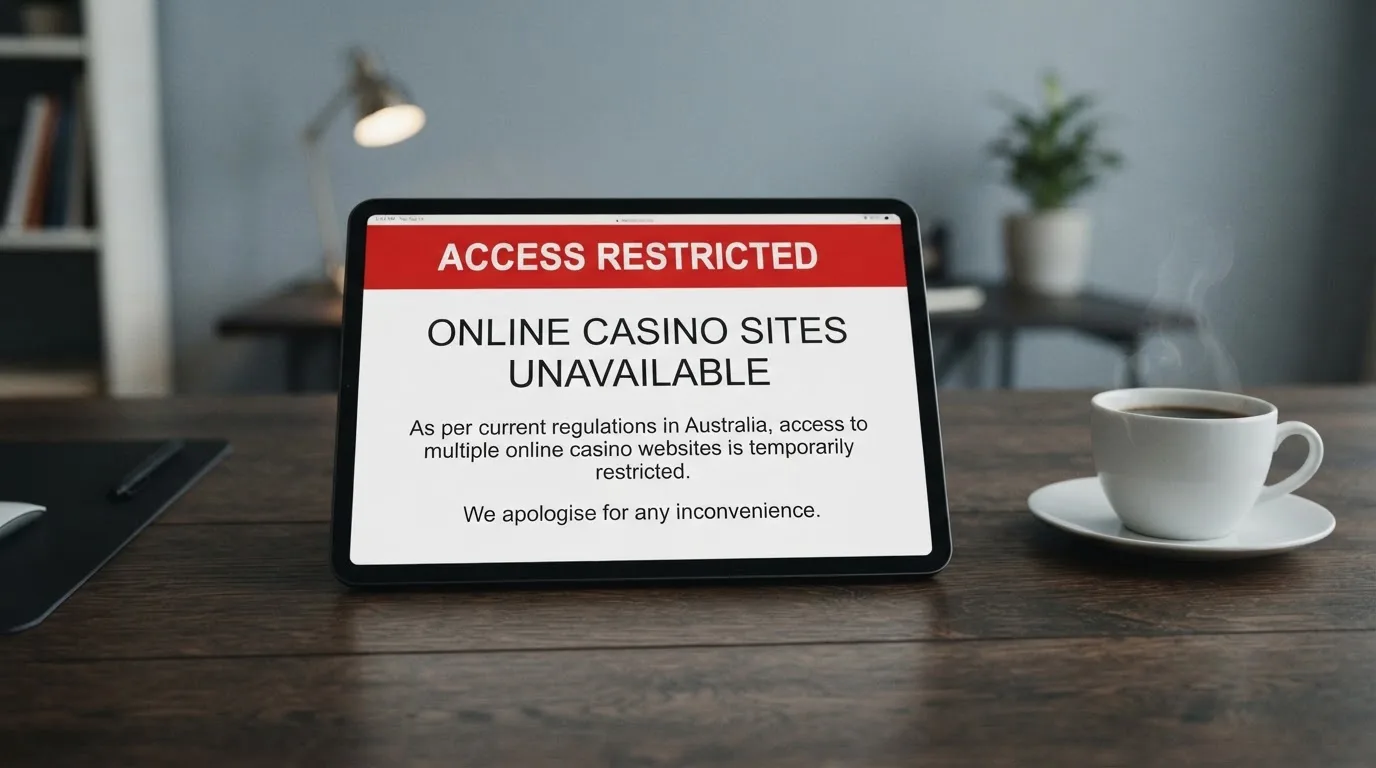 A tablet on a desk displays a plain government-style warning notice page, with a coffee cup beside it.