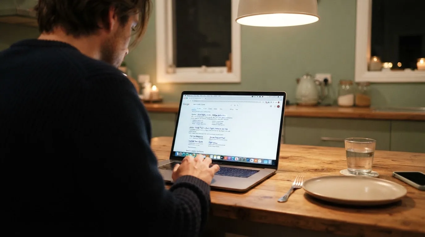 A person sits at a kitchen table in the evening, scrolling a laptop showing a general search results page about bonus offers.