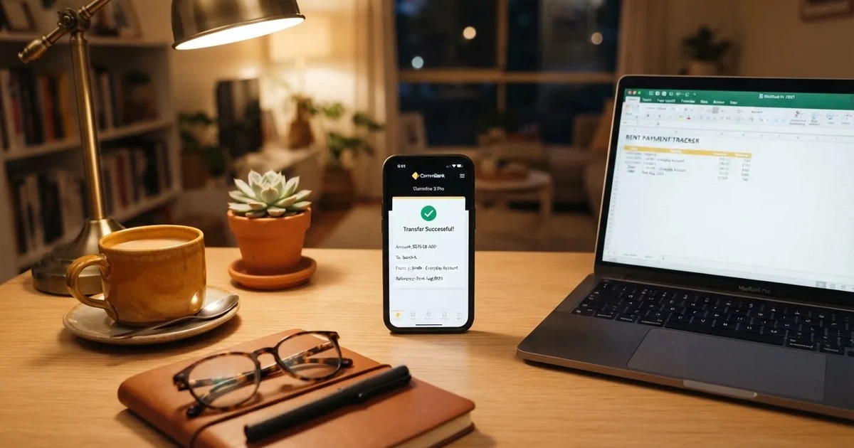 Close-up of a smartphone banking app open beside a laptop on a home desk, mid-transfer.