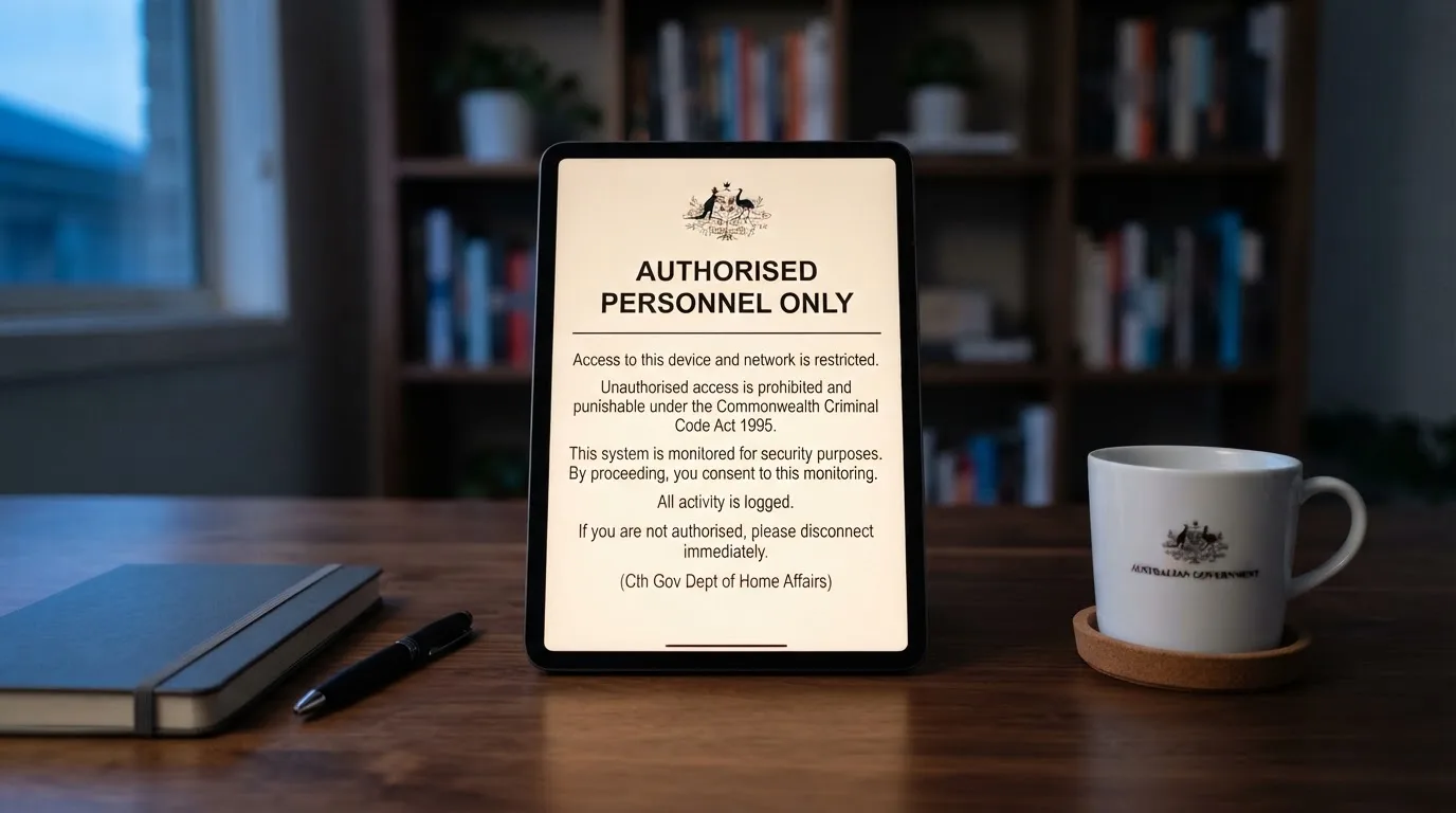 A tablet on a desk displays a plain government-style warning notice page, with a coffee cup beside it.