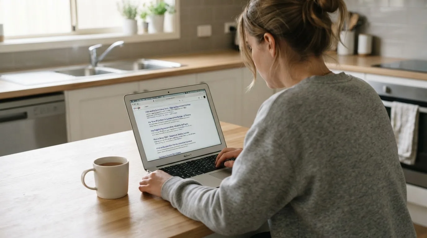 A person sits at a kitchen table, scrolling a laptop showing a general search results page about bonus terms.