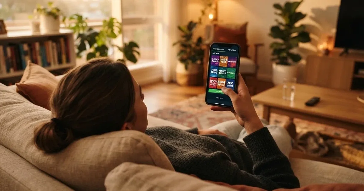 A phone screen shows a list of promotional bonus tiles as someone scrolls with one thumb on a couch.