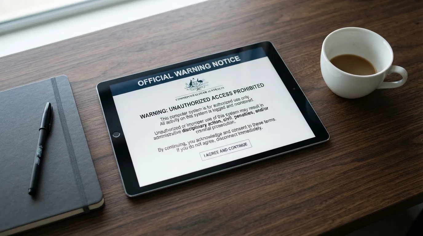 A tablet on a desk displays a plain government-style warning notice page, with a coffee cup beside it.